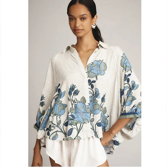 Anthropologie Tops - Anthropologie Bl-nk Zella Floral Blue Button Down Batwing Shirt Top XXS